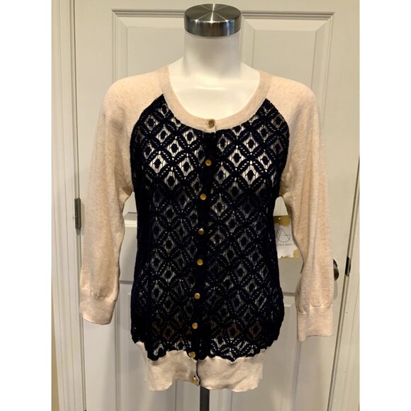 Camellia Tan & Navy Blue Button-Up Cardigan W/ Floral Lace, Size Medium, NWT! - Picture 1 of 9